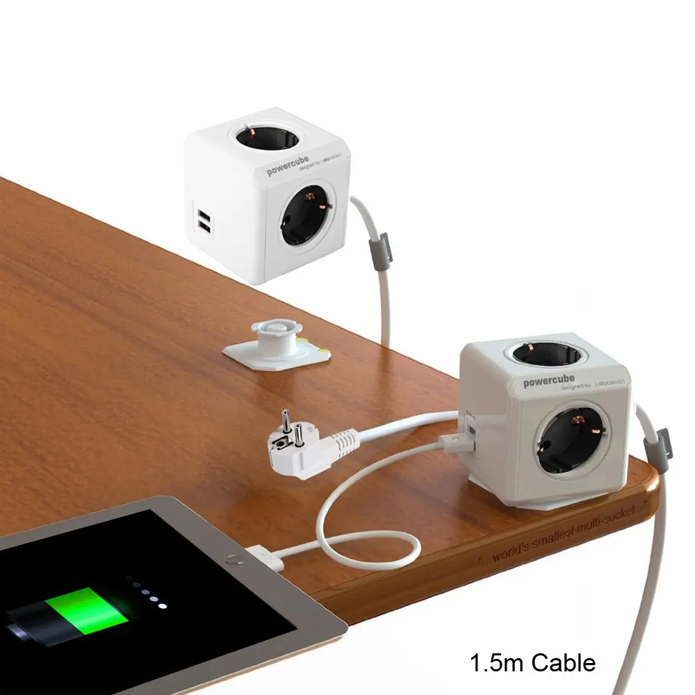 Дешево Allocacoc Расширенный Мощность Cube разъем ЕС de Plug 4 Розетки 2 Порты USB адаптер с 1.5 м кабель Мощность полосы