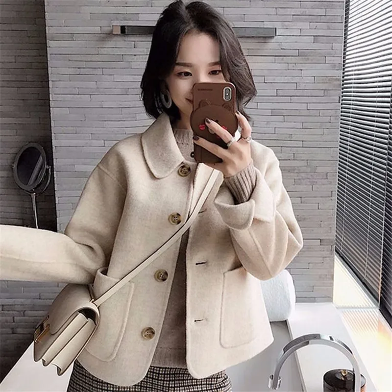 

2019 Female short wool solid polyester coat casual single breasted full sleeve suit spring and winter