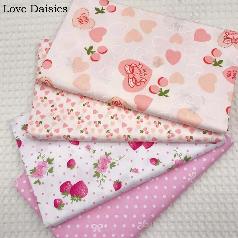 

100% Cotton Twill Textile Fruit PINK Heart Cherry Strawberry Dots Bowknot Fabrics for DIY Crib Bedding Apparel Handwork Decor