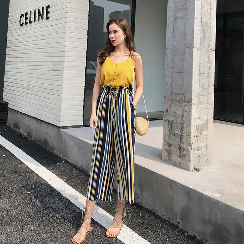 

2019 Fashion New Arrival Bohemian Women Chiffon Broad-legged Pants & Solid Vest Combo Two Piece Set Lady Summer Seaside Suit