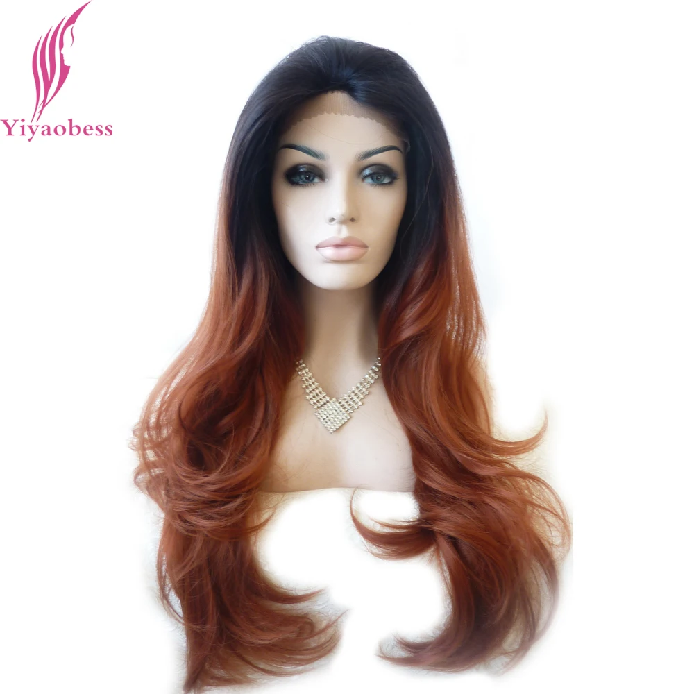 Long Black Ombre Brown Wavy Synthetic Lace Front Wig