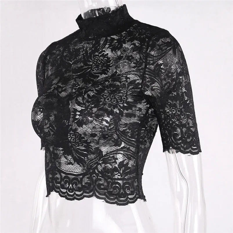 New Beauty Women Gothic Punk Tops Thin Sexy Short Sleeve Perspective Hollow Lace T-shirt Ladies Clothing 35JU28 (1) - 副本