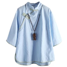Национальный стиль косой на пуговицах, со стоячим воротником винтажные блузки для женщин Повседневная Свободная хлопковая льняная рубашка с коротким рукавом китайские Блузы