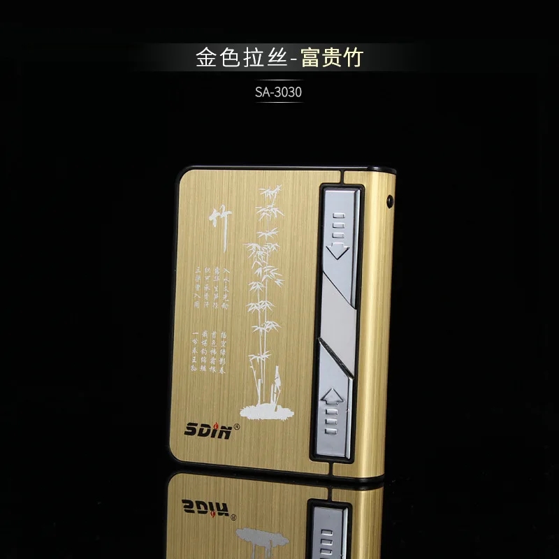 Автоматический чехол для сигарет с зажигалкой, новая электронная usb-зажигалка с держателем для сигарет, ветрозащитная металлическая упаковка для 10 шт - Цвет: Gold Bamboo