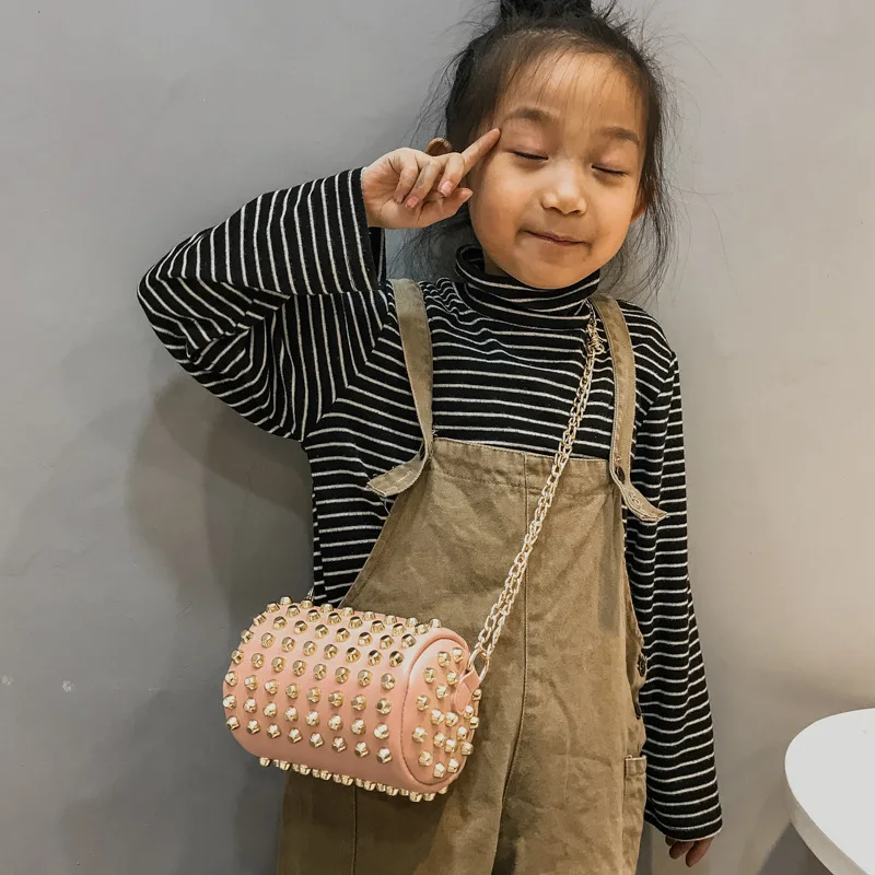 Cute Rivet Children Mini Bags for Kids Chain Shoulder Bags Barrel shaped Crossbody Bag Chain for
