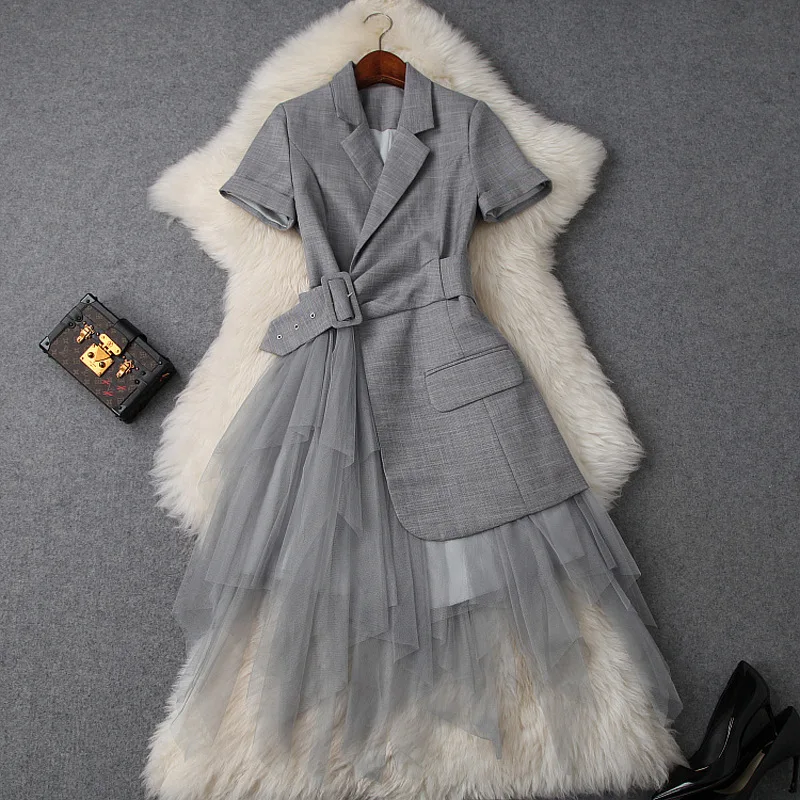 

Ladies Dress 2019 Spring Summer New Notched Collar Short Sleeved High Waist Patchwork Mesh Slim Fake Two Piece Irregular Dress