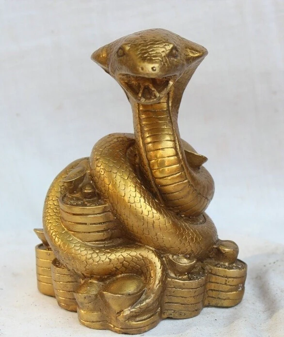 

7" Chinese Fengshui animal Pure Brass Zodiac Year Snake cobra wealth Statue U