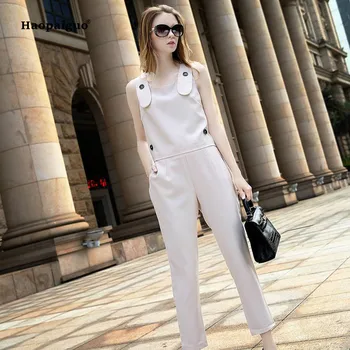 

2 Piece Set 2018 Autumn Women Beige Sleeveless O-neck Modis Casual Club Vest Top and Full Length Suit Pants Two Piece Set Ladies