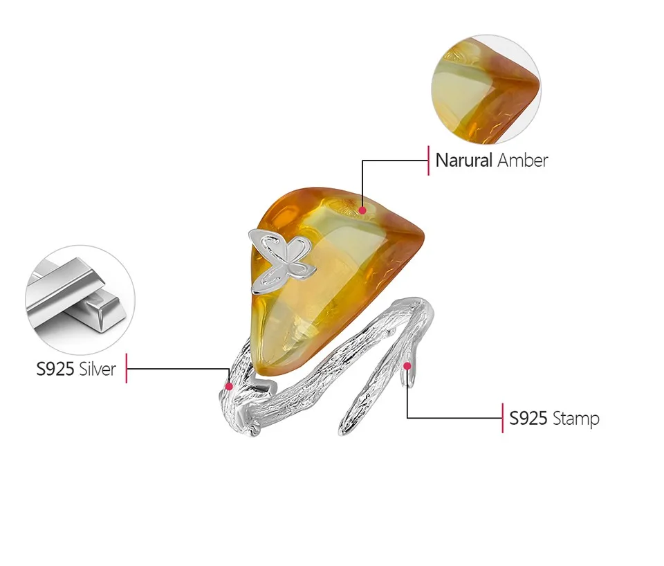 Lotus весело Настоящее стерлингового серебра 925 натурального янтаря ручной работы дизайнер ювелирных украшений оглядываясь назад Butterfuly кольца для женщин Bijoux