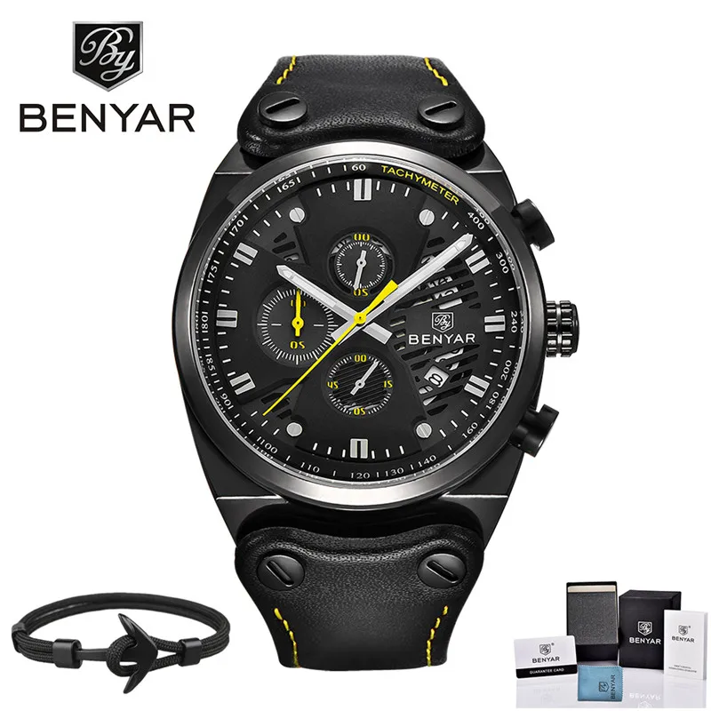 Achat 2017 Hommes Montres De Luxe Marque BENYAR Mode En Cuir Chronographe À Quartz Montre Bracelet Lumineux Étanche 30 m Sports de Plein Air Montre