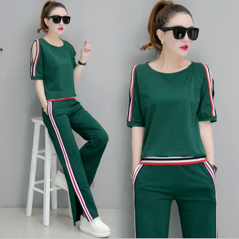 

Summer Sweat Pants for Women 2019 Korean Fashion Casual Tracksuit Set Woman Short Sleeve Tops and Striped Pants Sets Two Piece