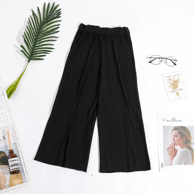 

2018 Fashion Spring Summer Pants Casual Ice Silk Wide Leg Pants High Waist Women Plus Size Seven Point Length Knit Pants Trouser