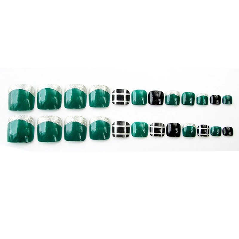 

24pcs False Nails Art Tips Foot Fake Nails Press On Toe Green Fake Nails Full Wrapped Tips With 2g Glue Nail Art