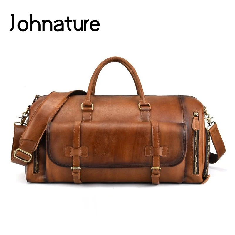 Мужские дорожные сумки Johnature винтажные из натуральной кожи большие
