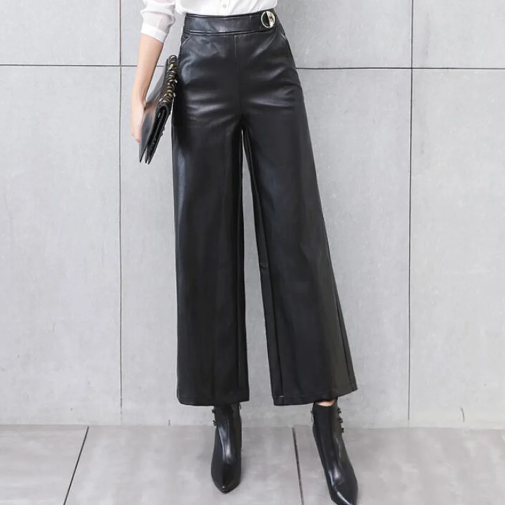 

PU Faux Leather Wide Leg Pants Women Black Autumn Winter Loose Long Trousers Thick High Waist Office Ladies Pants Pantalon Femme
