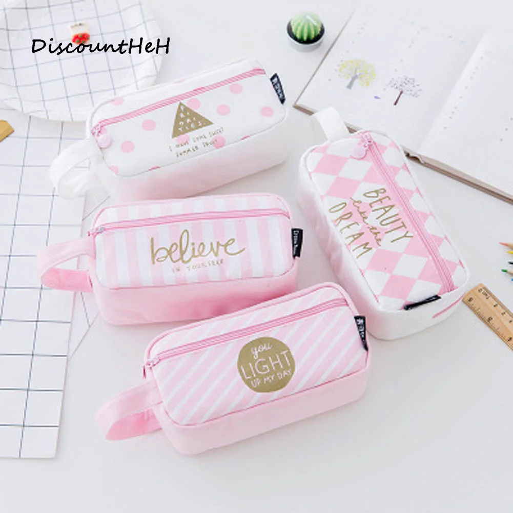 Высокое качество Kawaii розовый холст пенал большой емкости Pencilcase карандаш сумка школа Канцелярские питания