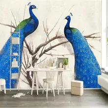 Пользовательские 3D настенные ветви на двух синий павлин пейзаж фон настенные украшения живопись обои Настенные обои