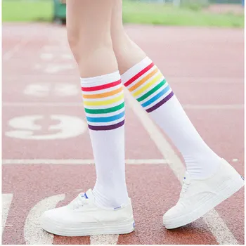 

New Fashion Women Rainbow Striped Pattern Cotton Socks Retro Old White Black Under The Knee Novelty Cute happy funny socks