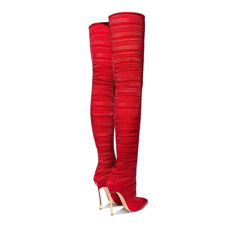 Mujeres Rodilla Red Gobernantes Encima Silla Super Largo Mujer La Punta Botas Sexy Tacones De Rojo Por Tejido Damas Elástico Fiesta wfxH4x8v