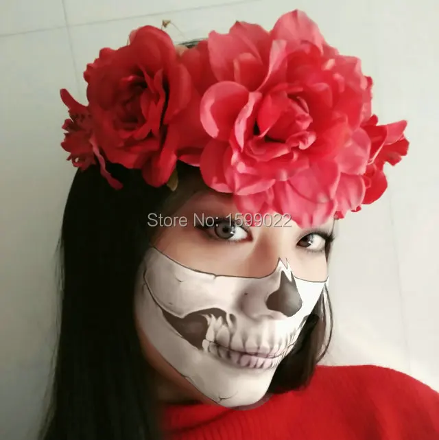 

Dashiatere Red Flower Hairband Day of the Dead Halloween Headdress Artificial Fabric Rose Flowers Hair Accessories headband