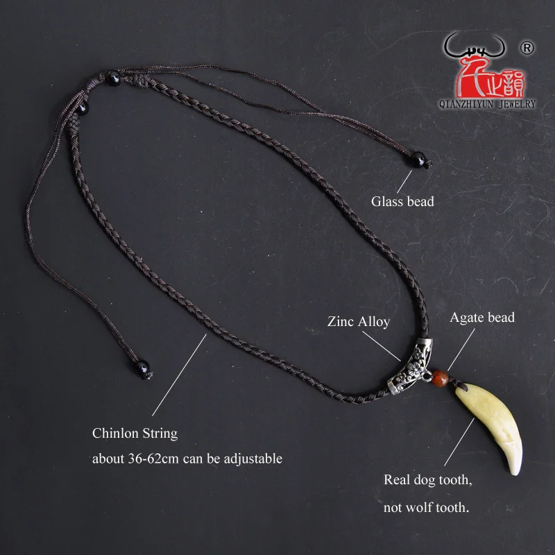 Woman's Necklace Men's Bone Pendant Tibetan Amulet Fangs Real Natural Tooth Vintage Silver Wolf Tooth Charm White Brown Ecru