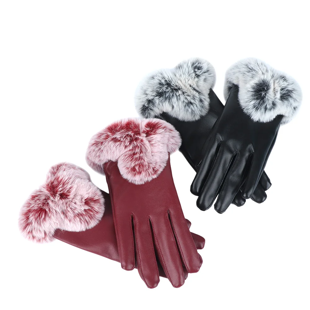 Women PU Leather Gloves Thicken Fur Winter Keep Warm Mittens Female