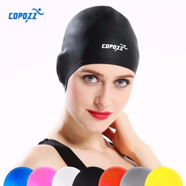 US $7.85 COPOZZ Silicone Waterproof 3D elastic Swimming Caps for Men Women Long Hair Swimming Hat Cover Ear 