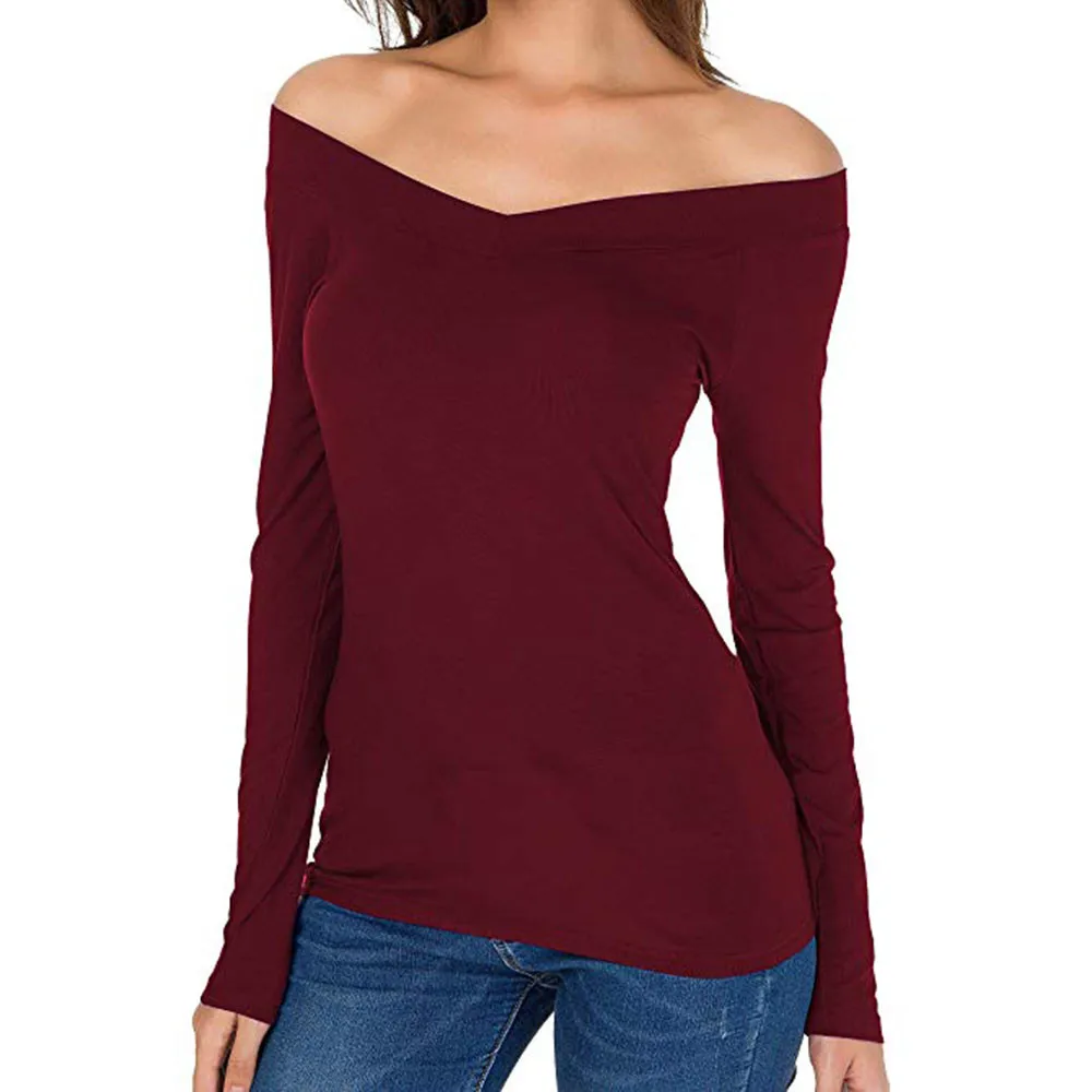  Fashion Sexy Velvet Off Shoulder Top Backless T Shirt V Neck T-Shirts Women Casual Long Sleeve Tshi