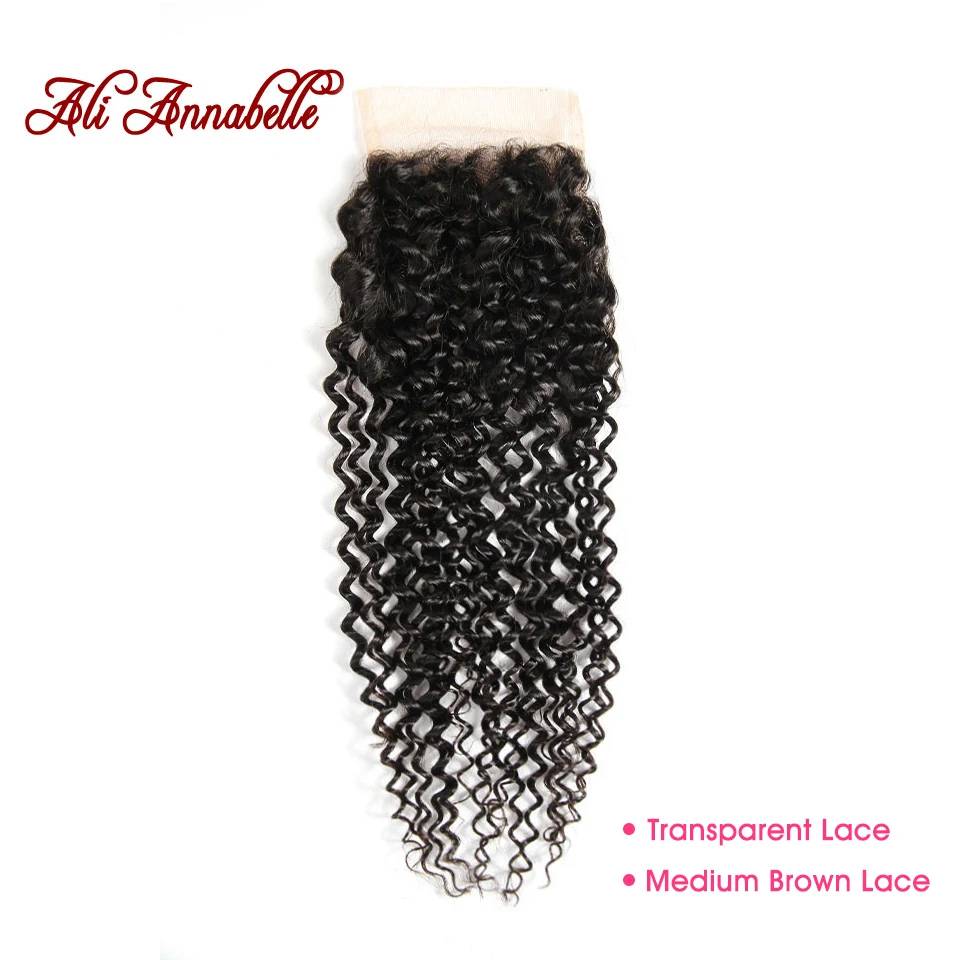 ALI ANNABELLE Brazilian Hair Kinky Curly Closure 100% Remy Human Hair Closure 4 by 4 Medium BrownTransparent Lace