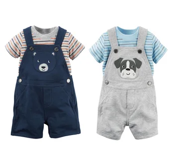 

2018 new arrival baby's summer set stripes cotton tee with short overalls cute dog pattern baby boy's set 3M-24M