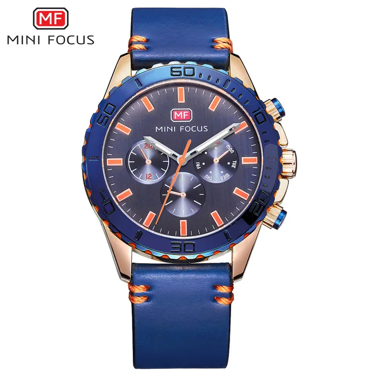 

MINI FOCUS Mens Blue Watch Quartz Wristwatch for Man Clock Rose Alloy Case Blue Leather Strap Quartz-watch Relogio Masculino