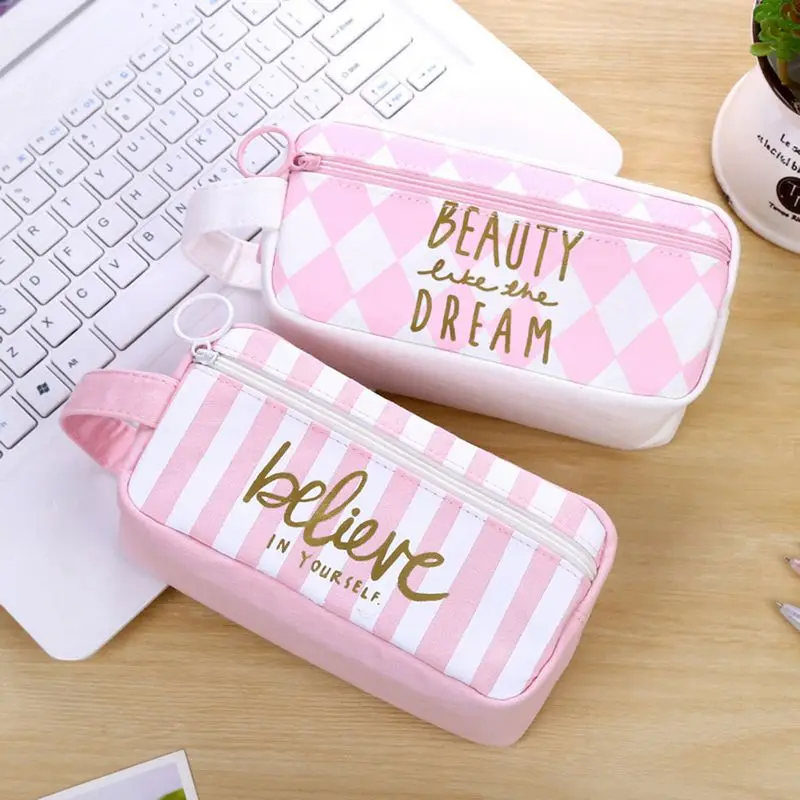 1pc Portable Canvas Pencil Case Organizer Stationery Pouch Makeup Cosmetic Bag