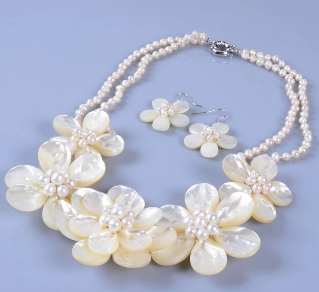 

Free shipping k17890 Mother of pearl mop shell flower earrings necklace set 18" AAA style Fine Noble real Natural