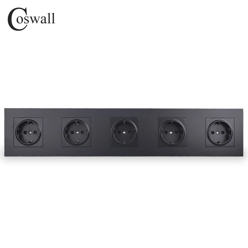 

COSWALL Quality Black 5 Way Wall Power Socket Plug Grounded 16A EU Standard Electrical Quintuple Outlet AC 110~250V