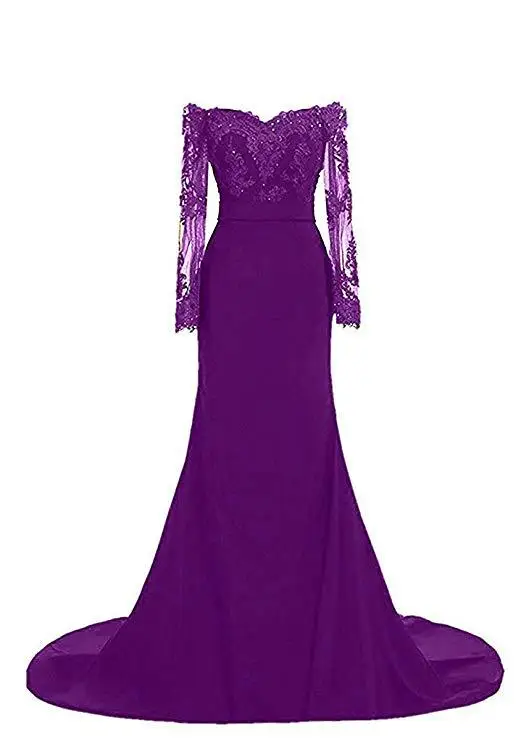 Вечернее платье с длинным рукавом, Русалка, новинка, с открытыми плечами, полный рукав, вечерние платья для выпускного вечера, иллюзионная аппликация, кружево, Haute Coutur - Цвет: Фиолетовый