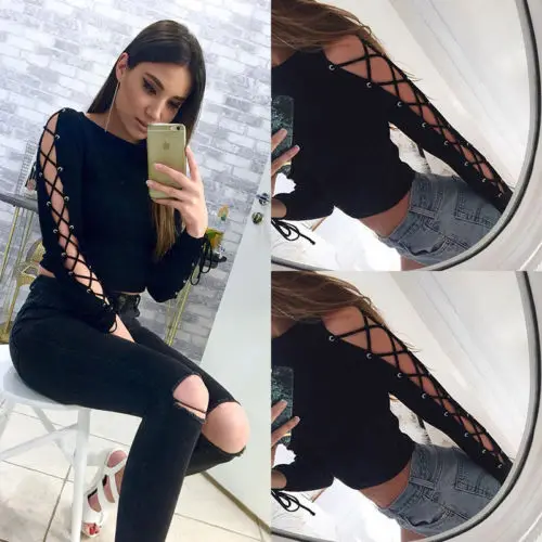 

Women Slim Fit Lace Up Hollow Out Long Sleeve Shirt Casual Cotton Knitted Crop Tops Tee Shirt