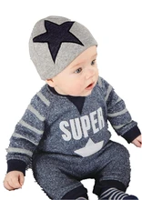 Мальчик Clothese Набор Хлопок Новорожденных Одежда Спорт Стиль Super Star Печати Младенческой Ползунки С Длинным Рукавом и Шляпа