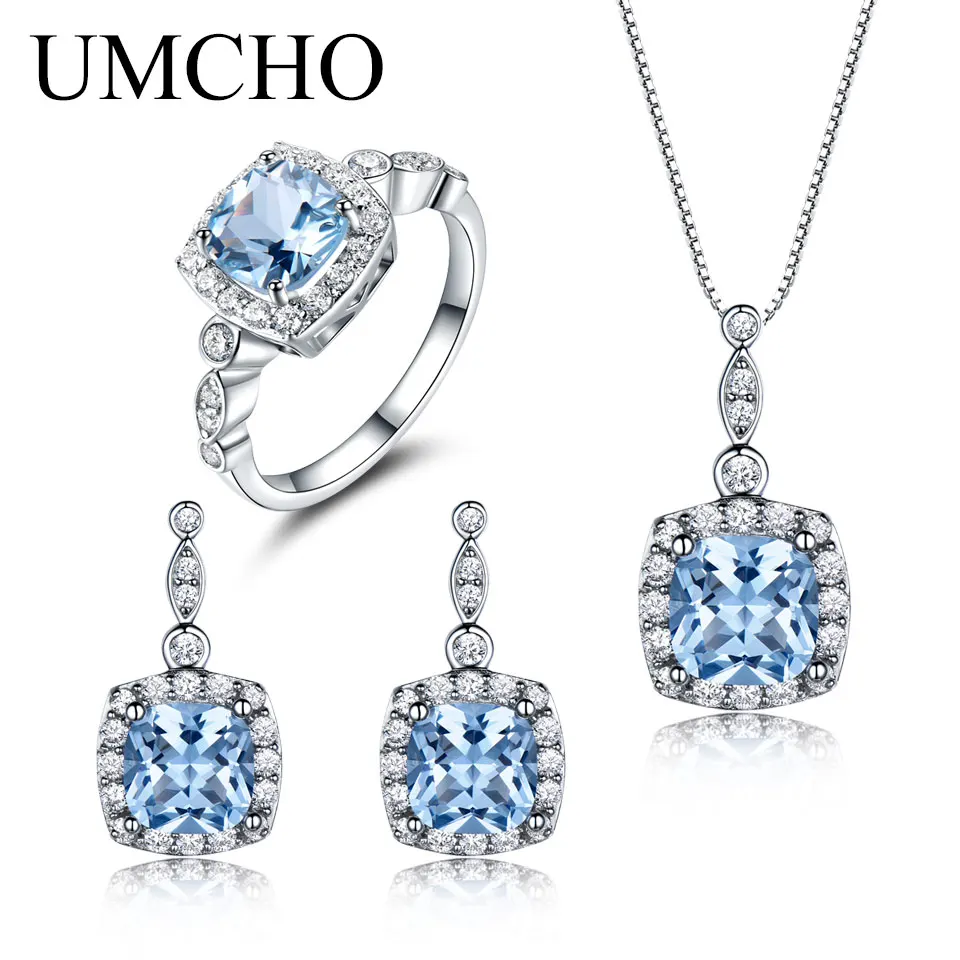 UMCHO conjunto de joyería de plata de ley 925 de cielo azul Topacio anillo colgante pendientes para las mujeres de la boda regalo de San Valentín bien joyería - 1