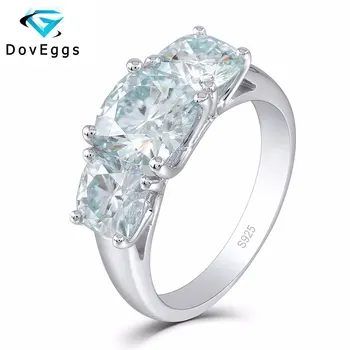 

DovEggs Sterling Solid 925 Silver Slight Blue Color Center 7.5*7.5mm Cushion Cut Moissanite Three Stone Engagement Ring