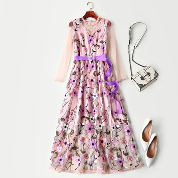 

New women s European American high end runway looks long sleeve white gauze embroidery waist dress