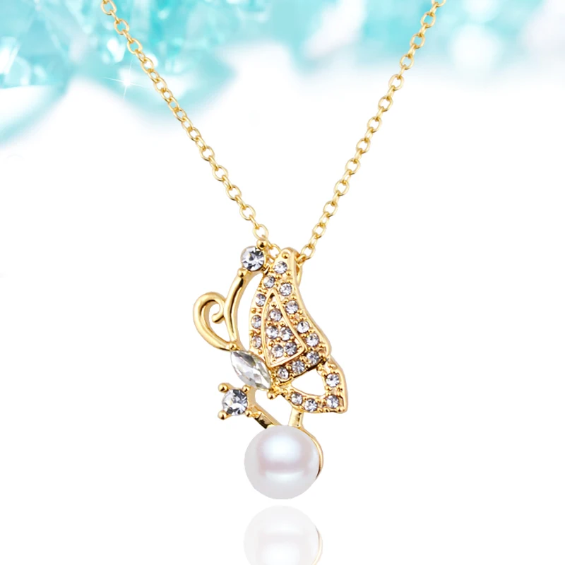 N008 Pearl Butterfly Necklace For Women Gold Color Jewelry Necklace