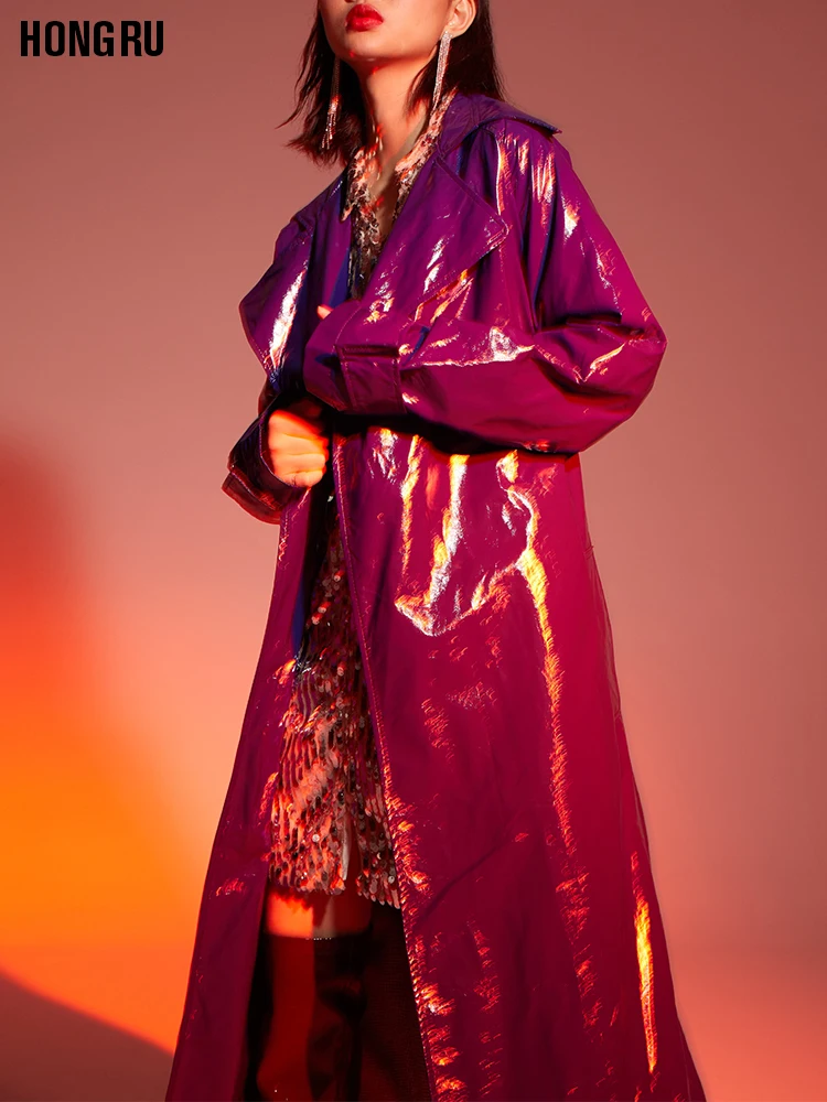 Осень 2019 ветровка в ретро стиле блестящее длинное пальто из мягкой лакированной