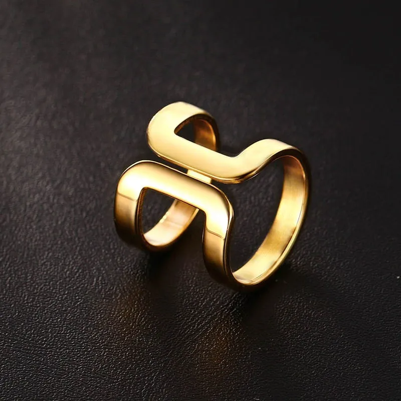 Meaeguet Women Stainless Steel Wrap Around Straight Line Center Above Knuckle Midi Ring Gold-Color Fashion Cocktail Jewelry