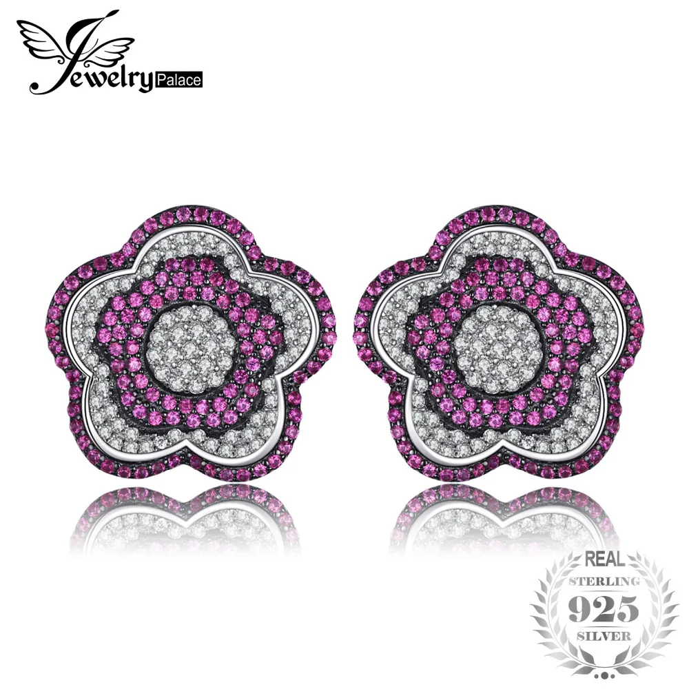 

JewelryPalace Flower 1.1ct Created Ruby Pave Earrings 925 Sterling Silver Brand New Jewelry Accessories wedding party gift