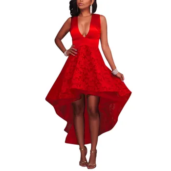 

2019 Sexy Women Deep V Neck Lace Dress High Waist High Low Hem Pleated Dress Ladies Evening Party Gown Latin Dance Dress