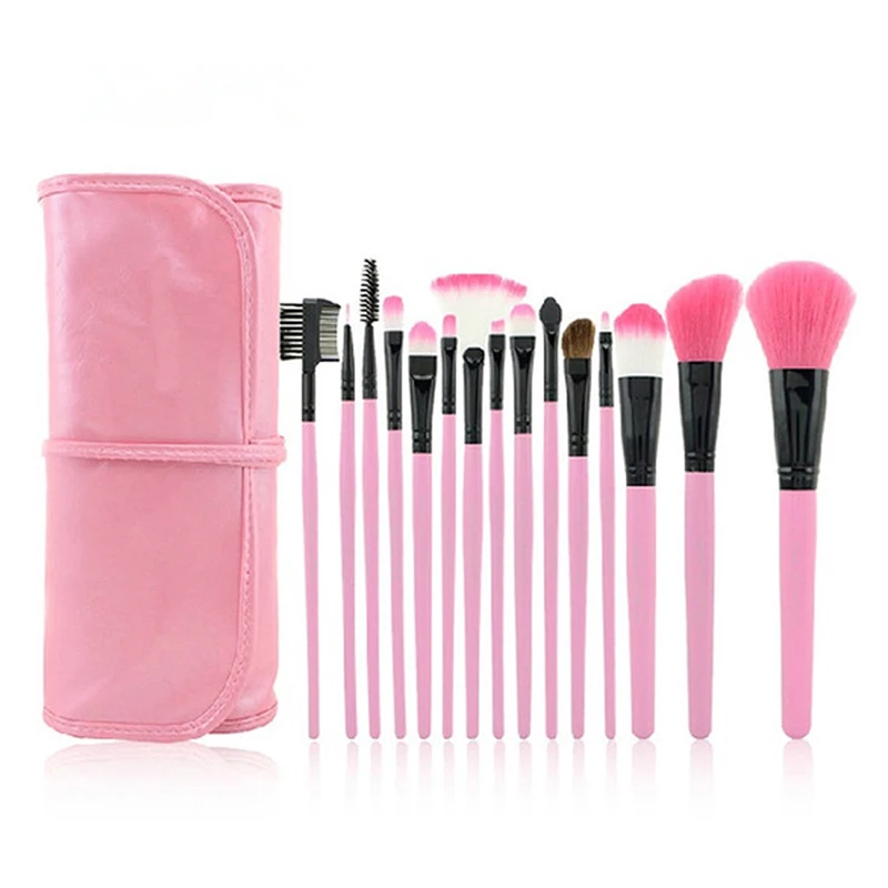 15pcs Pink Makeup Brushes with Roll Bag Case Foundation Powder Eyebrow
