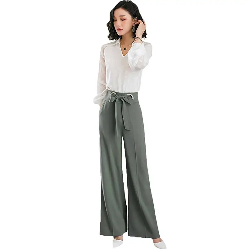 

2019 Women Casual 2 Two Piece Set Women Spring Summer Lantern Sleeve Blouse Top +High Waist Bow Wide Leg Pants Set 2 Pieces J75