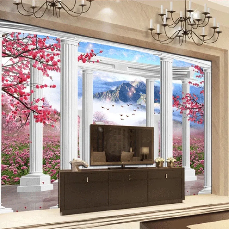 

Custom 3D Fabric Textile Wallcoverings For Walls Matt Silk For Living Room TV Background Murals European Landscape Roman Column