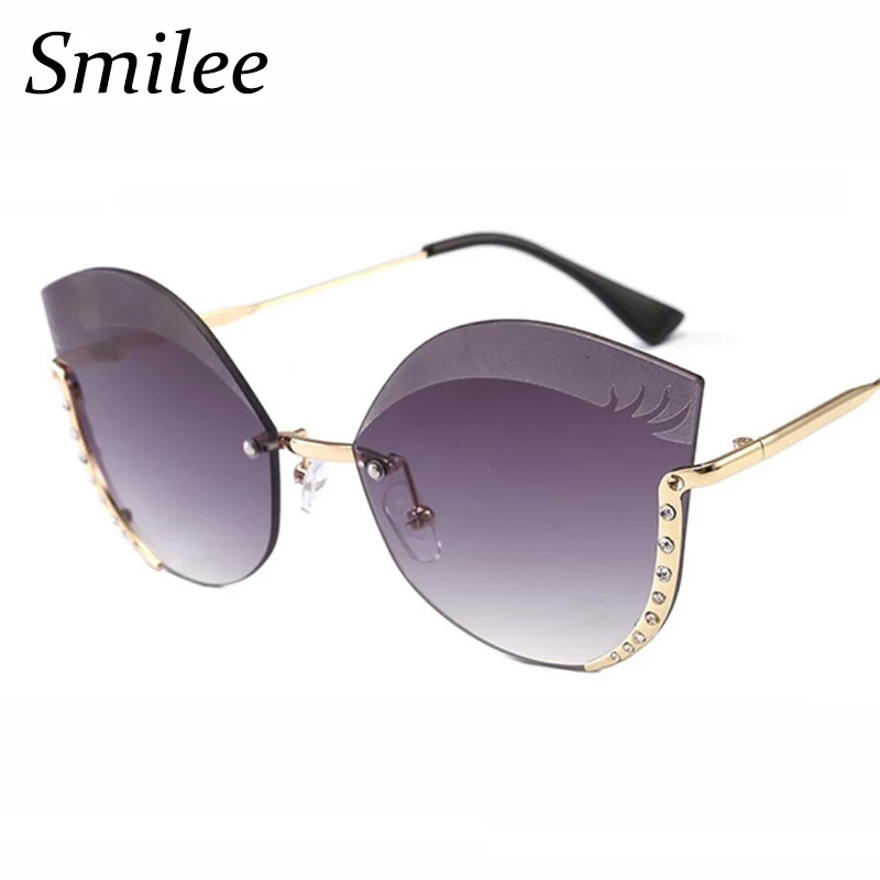 

Luxury Designer Sunglasses Women Tinted Lens Big Frame Rimless Cat Eye Sunglasses Female Vintage Points Crystal Cutting Glasses