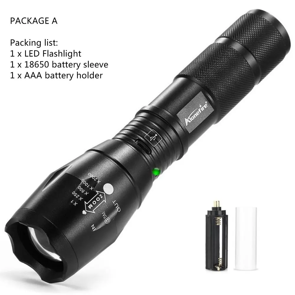 PACKAGE A AloneFire XM-L T6 CREE светодиодный вспышка светильник фонарь G700-U Micro usb Перезаряжаемые зум фонарь заливающего светильник флэш-светильник для 18650 Батарея - Испускаемый цвет: PACKAGE A